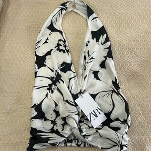 Zara tops floral satin halter cropped top size Small